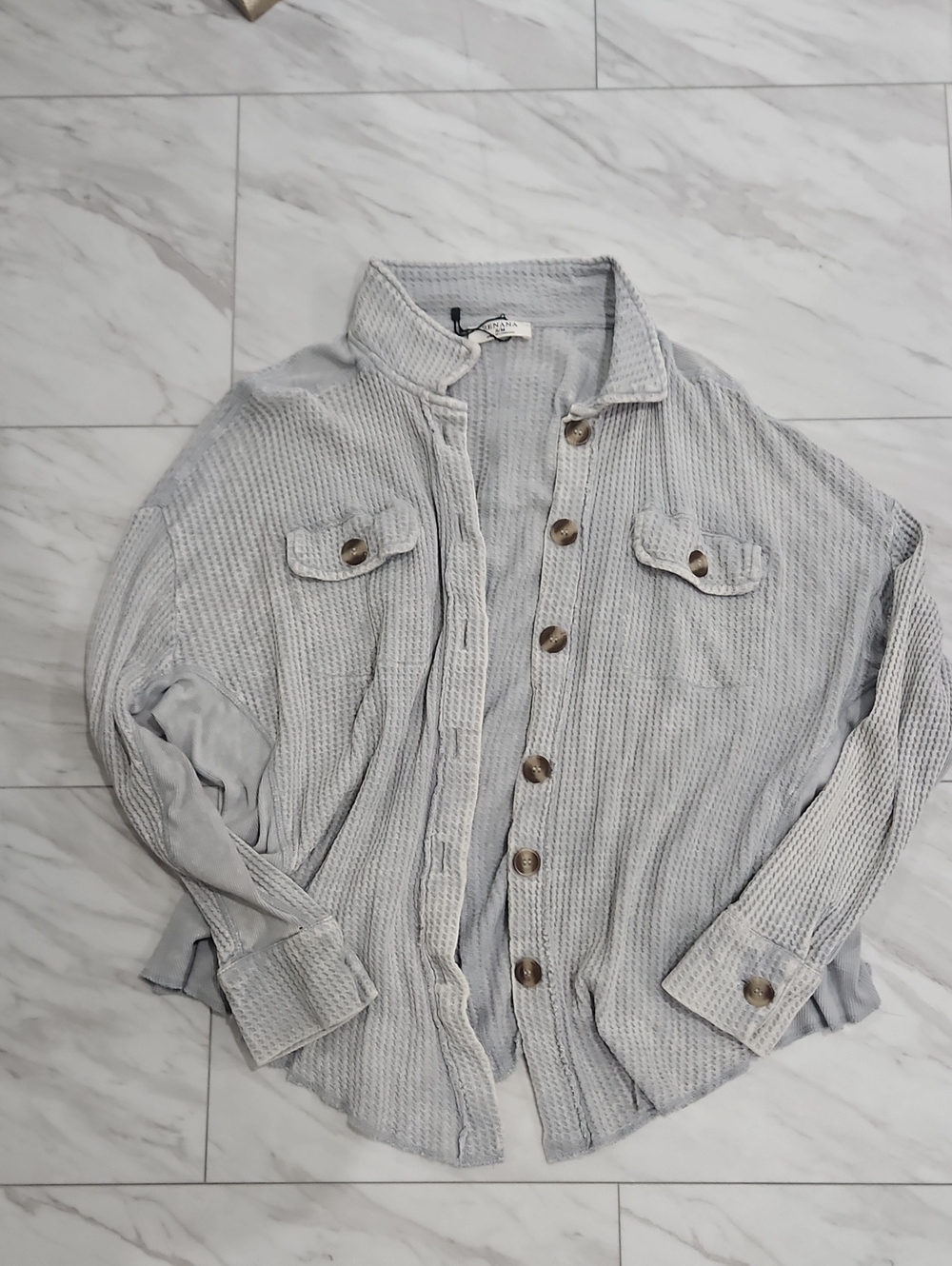 Zenana Outfitters Light Gray Waffle Button-Down Shirt